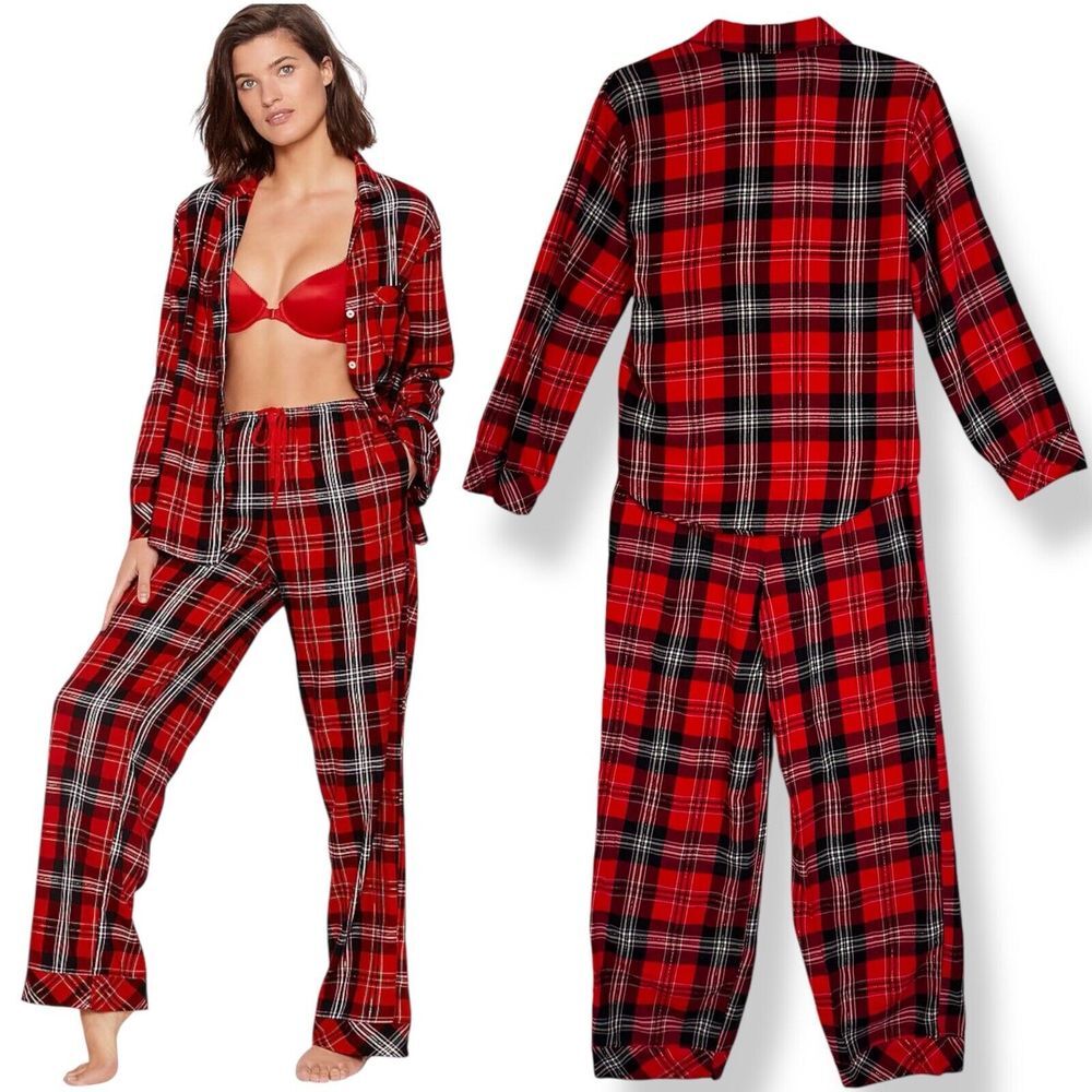 Victoria's Secret Flannel Pajama Set Size XS Red Gold Long Sleeve Pants Pockets - Picture 1 of 16